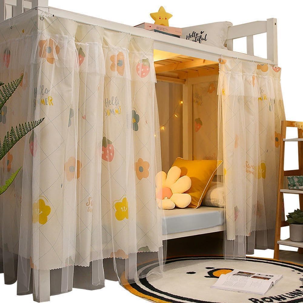 ITODA Dorm Bottom Bunk Bed Curtains Drapes with Lace Privacy Blackout Dustproof Single Sleeper Bed Canopy Breathable Shading Bedding Junior Students College Home Drapery - 2 PCS