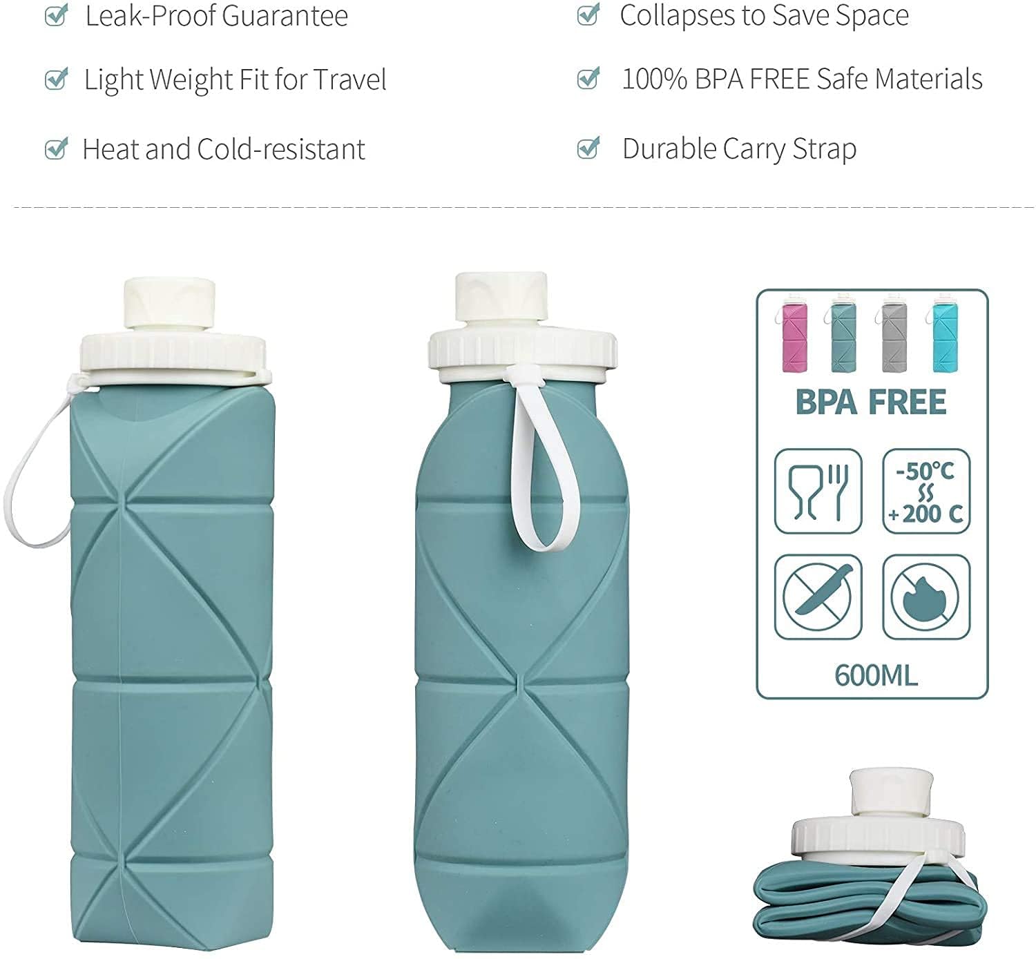 WANDF Collapsible Water Bottle Leakproof Valve 600ML Reuseable BPA Free Silicone Foldable Water Bottle for Gym Camping HikingYoga Travel Sports Lightweight Durable-Multicolour 2