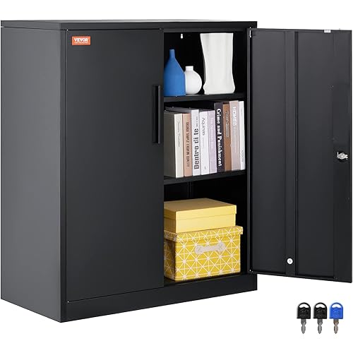 VEVOR Metal Storage Cabinet with 2 Magnetic Doors and 2 Adjustable Shelves, 200 lbs Capacity per Shelf, Locking Steel Storage Cabinet, 42'' Metal Cabinet with 3 Keys, for Office, Garage, Home, Black