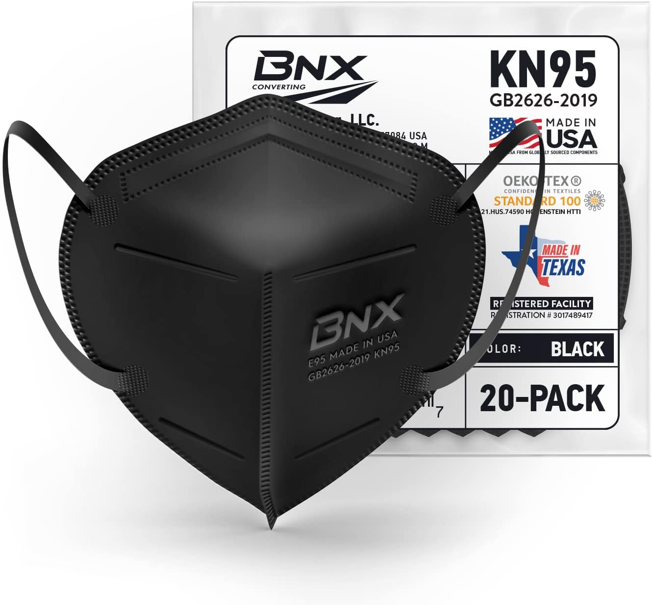 BNX KN95 Face Masks Made in USA (20-Pack), (Earloop) (Model: E95)