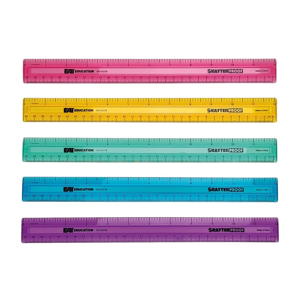 EAI Education 12" ShatterProof Ruler 1/8" Scale: Assorted Colors - Set of 100
