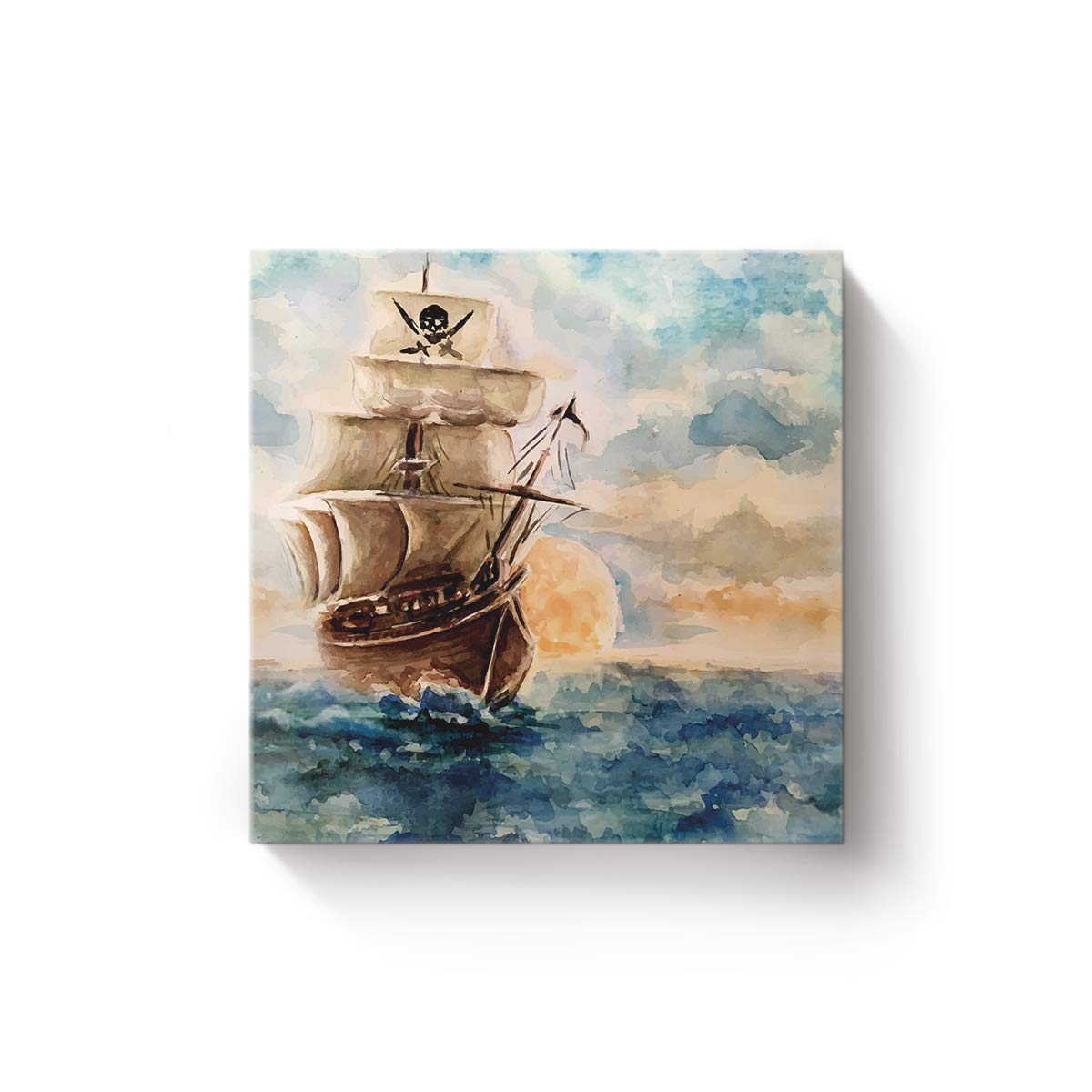 EZON-CH Hand Painting The Pirate Ship Square Canvas Wall Art,Artworks Oil Painting Home Decor for Office Bedroom Living Room,Stretched by Wooden Frame,Ready to Hang,12 x 12 Inch