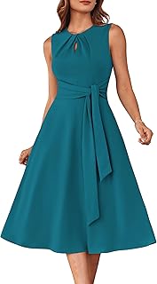 Women 2025 Summer Work Dress Sleeveless Tie Waist Elegant Party Cocktail A Line Flowy Midi Dresses with Pockets - Buy now