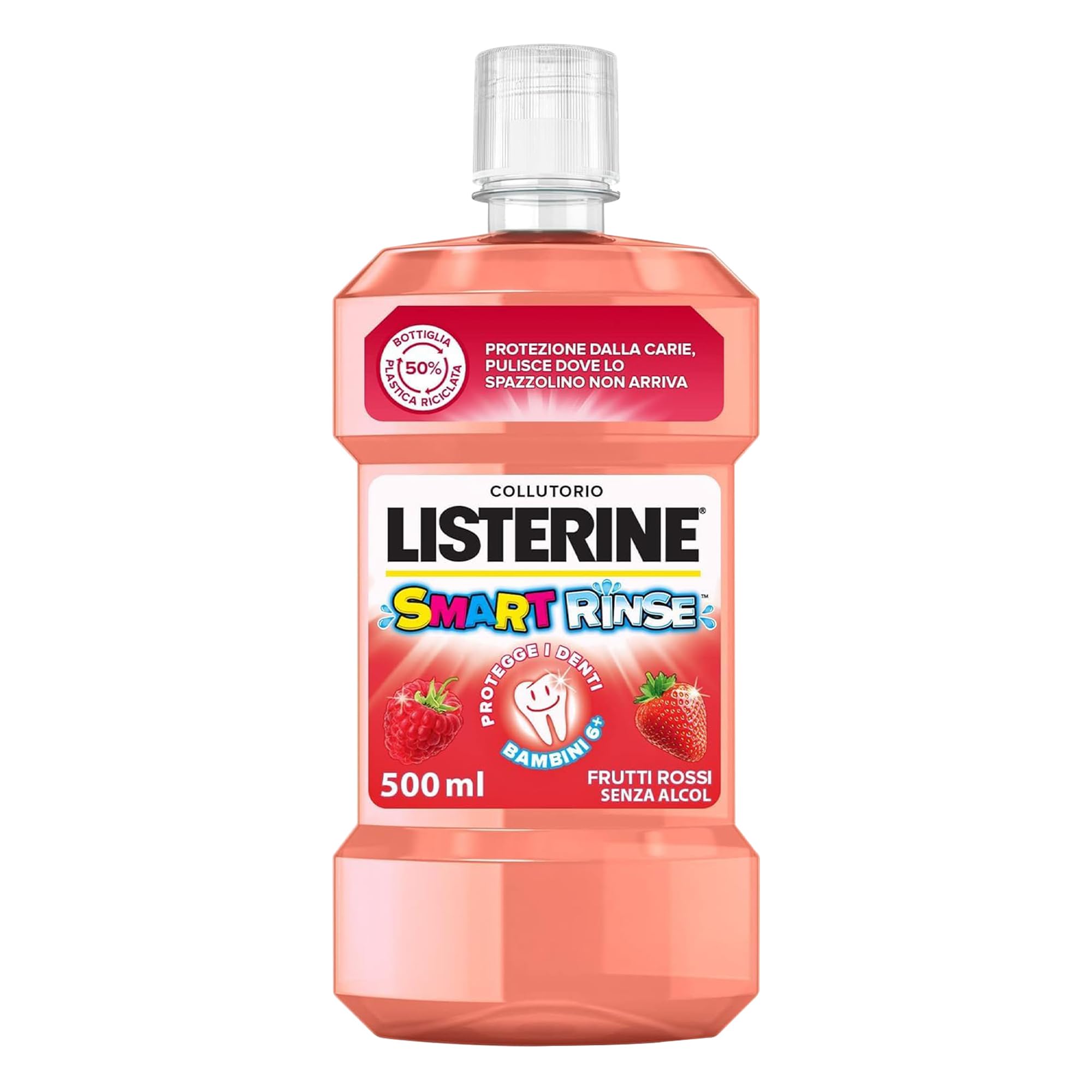 LISTERINE Smart Rinse Kids, Collutorio bambini 0% alcol ai Frutti Rossi, Collutorio senza alcool con formula al 95% di origine naturale protegge i denti contro le carie, per i bambini 6+, 500 ml Frutti Rossi 500 ml (Confezione da 1)