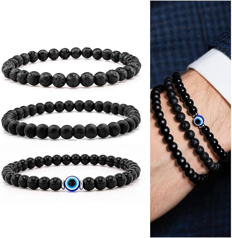 3PCS Evil Eye Bracelet 6mm Tiger Eye Natural Stone Stretch Adjustable Black Crystal Beaded Bracelet for Men Women Gifts