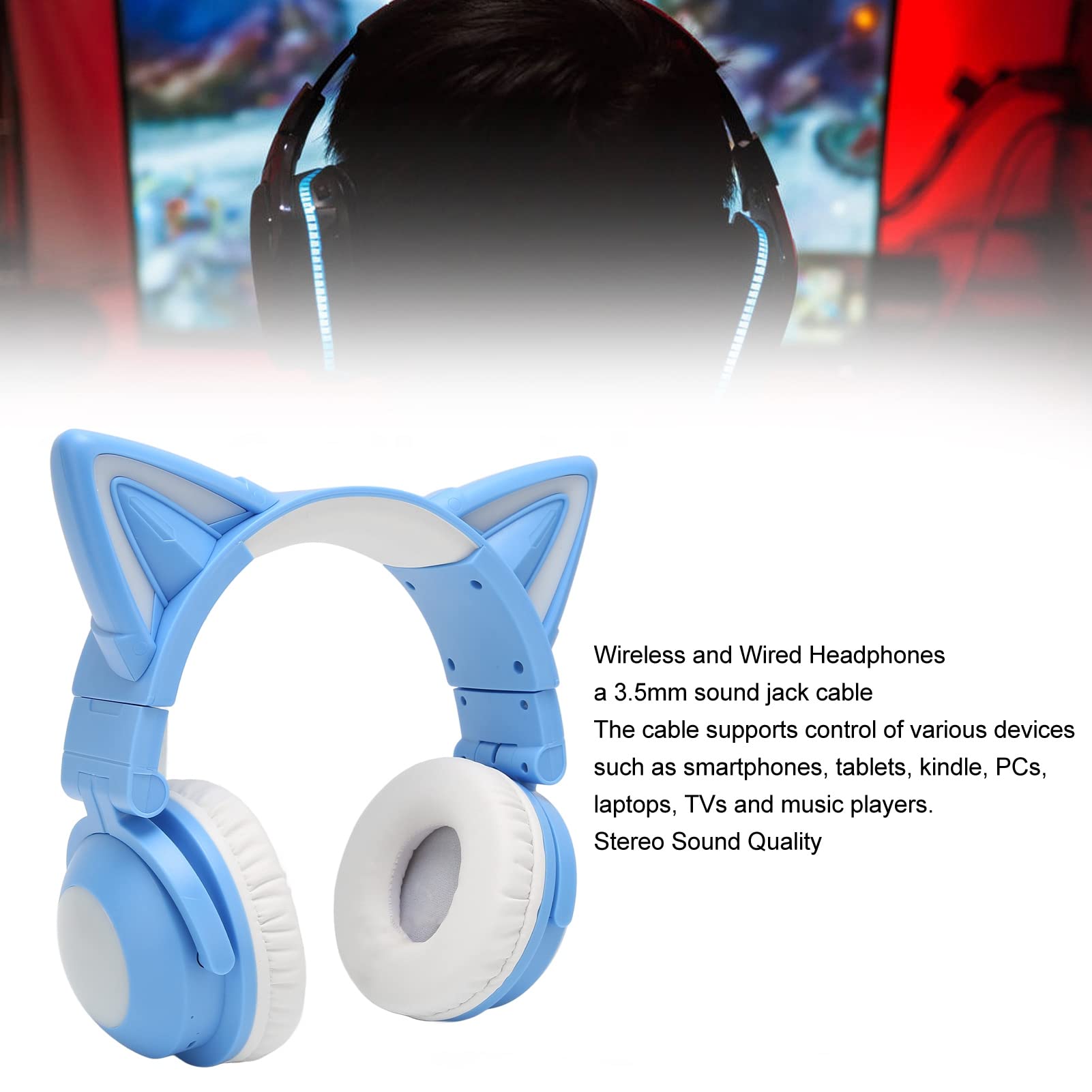 Cuffie Cat Ear, Bluetooth 5.0 Suono Stereo Cuffie da Gioco con Luce LED RGB con Microfono Integrato e Archetto Regolabile per Laptop, Cellulare, Giochi (BLUE)