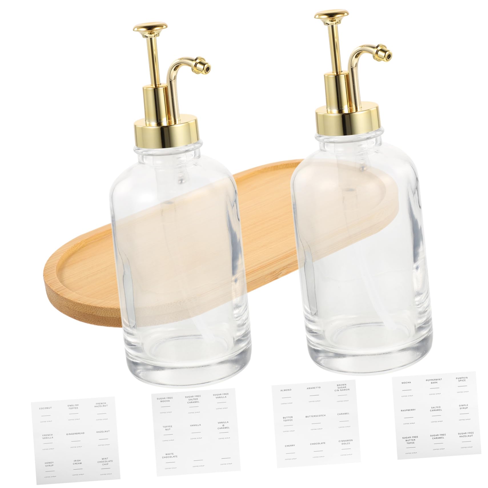 DOITOOL Botella Dispensadora de Vidrio Bomba Dorada para Jarabe de Café, Diseño Transparente y Madera, Adecuado para Cocina y Café Casero Dosificador Preciso