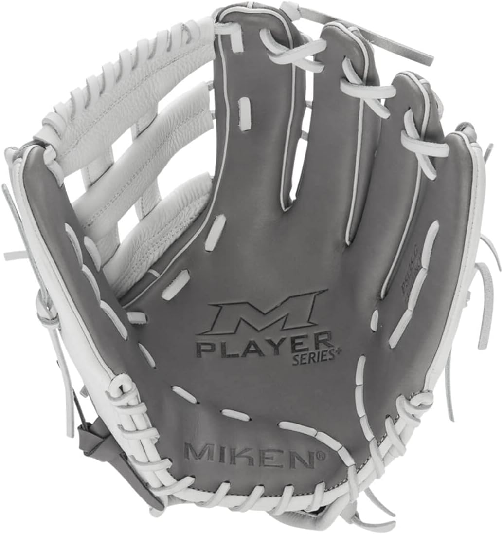 Miken Player Series+ Infield | Outfield | Utility Slow Pitch Softball Glove | 13” - 15” Size | Grey | White | H-Web | Right Hand Thrower | Left Hand Thrower
