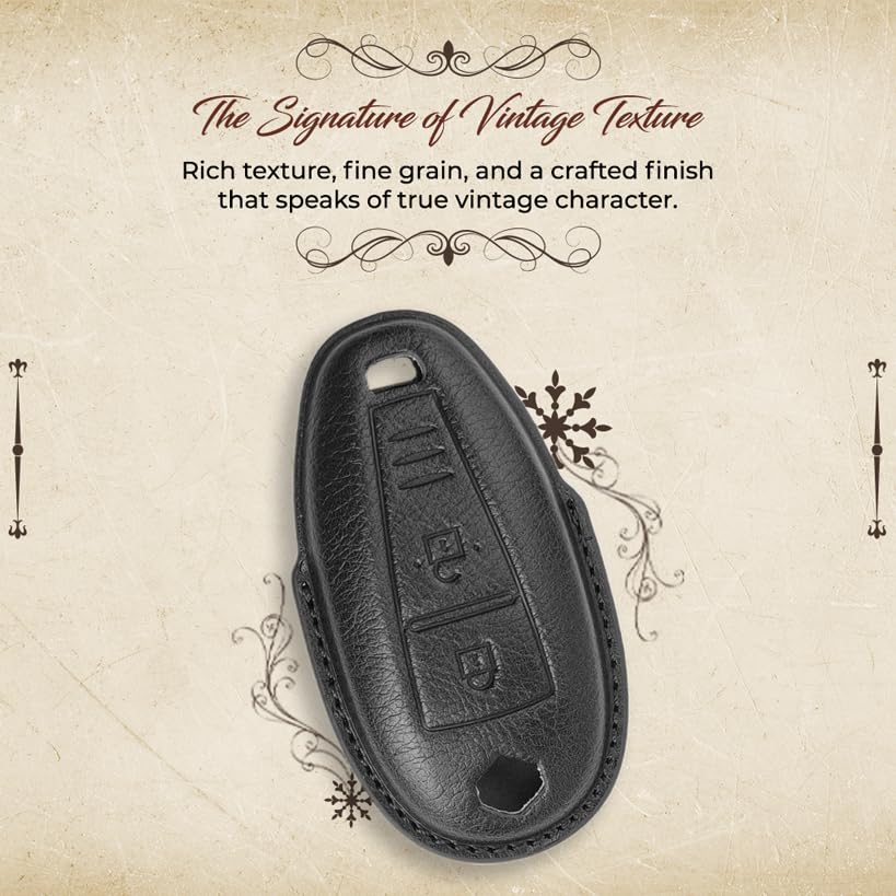 Image of Keyzone Vintage Leather Key Cover for Baleno, Ciaz, Ignis, SCross, Vitara Brezza, Urban Cruiser 3 Button smart Key (VL Leather - Black)