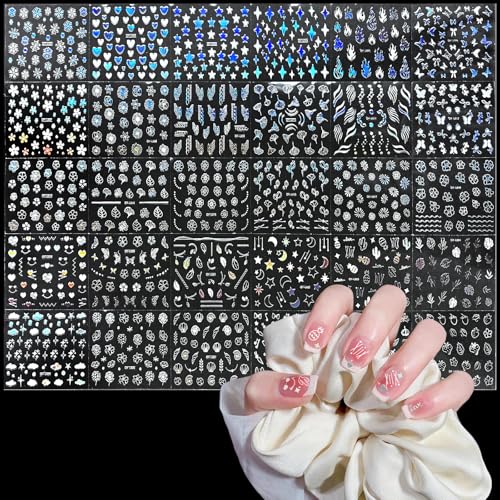 WD&CD 30 Hojas Pegatinas para Uñas Decorativas, Autoadesiva Nail Art Stickers Decoración, Plata