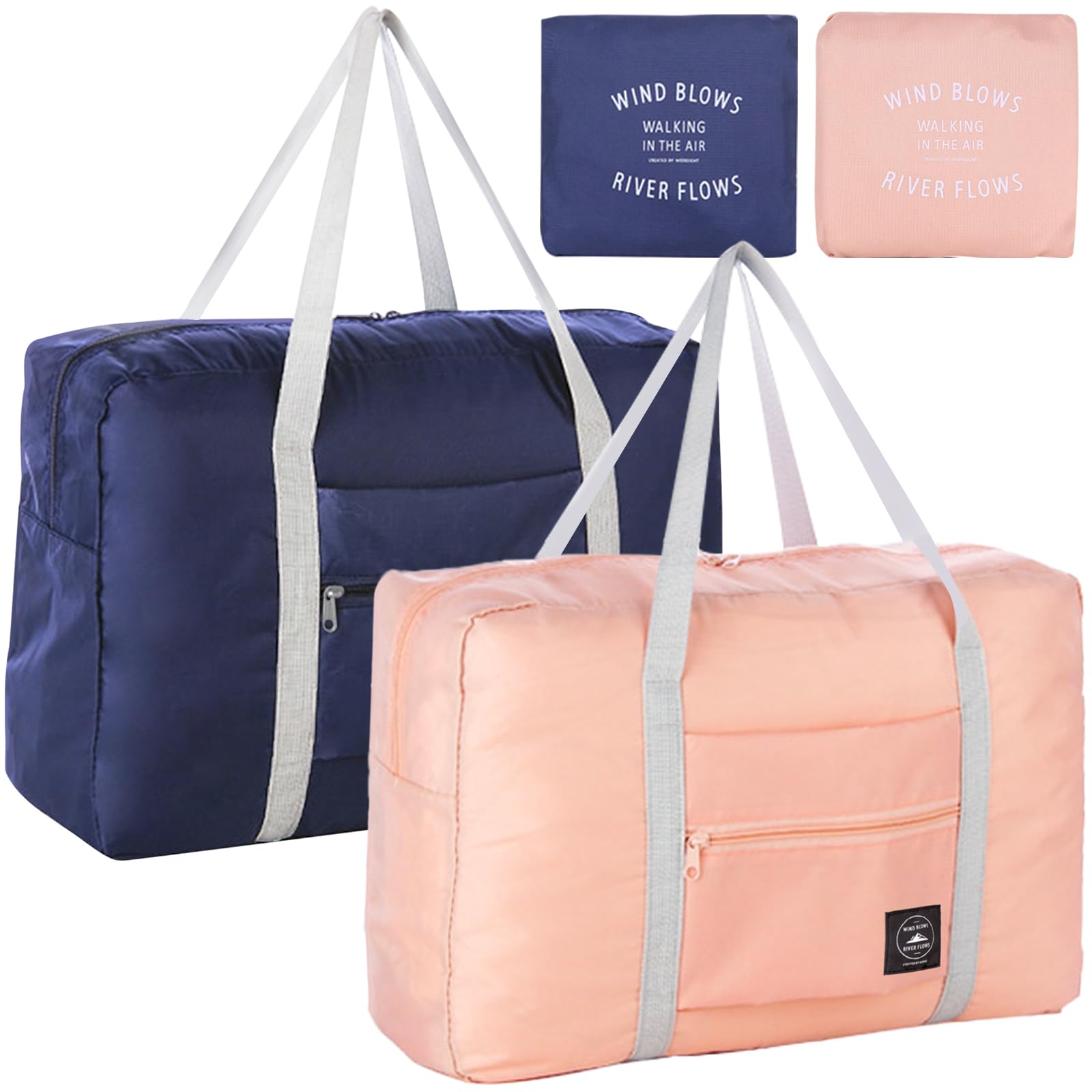 Foldable Travel Duffel Bag 2PCS Tote Carry on Luggage Bag Spirit Airlines Personal item Sports Gym Bag Water Resistant Weekender Overnight Bags for Women and Men (Pink+Blue)