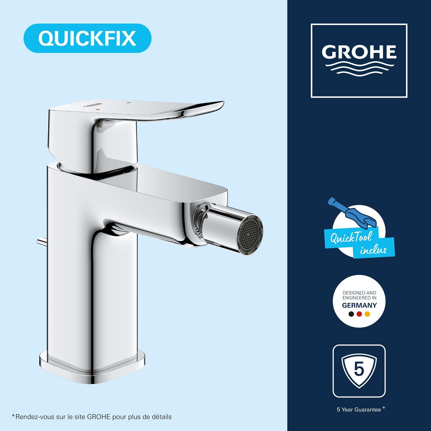 GROHE Dice Mitigeur monocommande Bidet Taille S (Robinet pour bidet de Salle de bain, Avec rotule, Tirette et garniture de vidage, Economie d'eau), Chrome, 1018770000