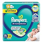 Pampers All round Protection Pants, Newborn, Extra Small size baby diapers (0-5kg) 34 Count, Lotion with Aloe Vera