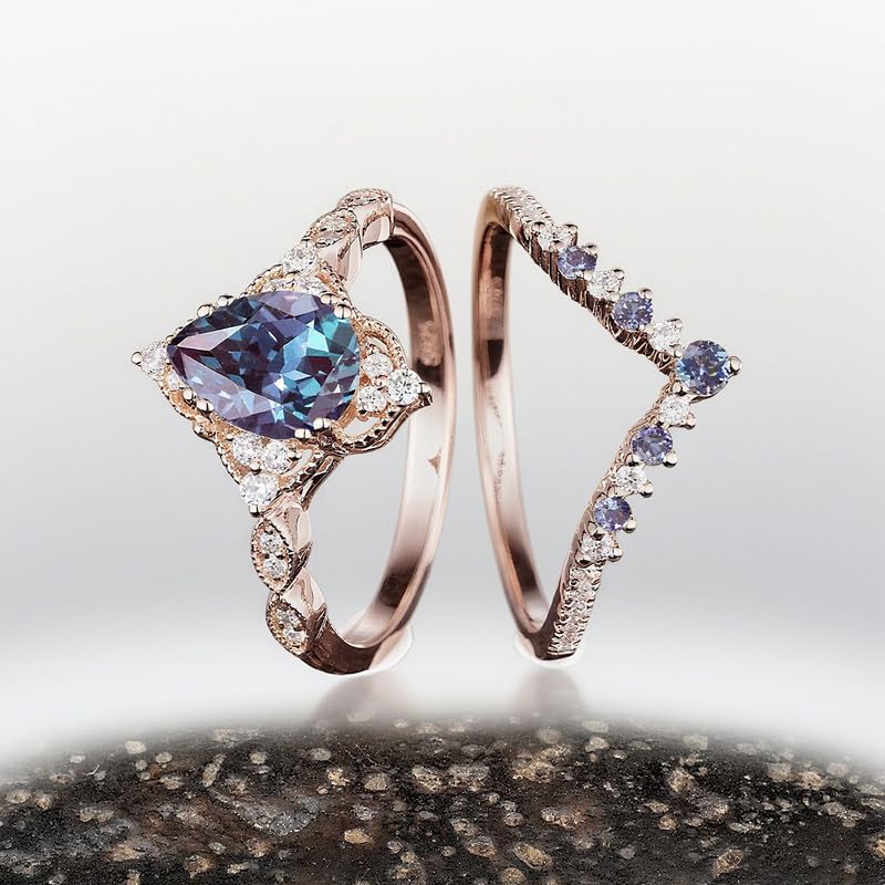 10K 14K 18K Gold Vine Alexandrite Wedding Ring Sets for Women Oval/Heart/Pear/Kite/Hexagon/Cut Twig Alexandrite Promise Anniversary Ring Sets Size 3-16