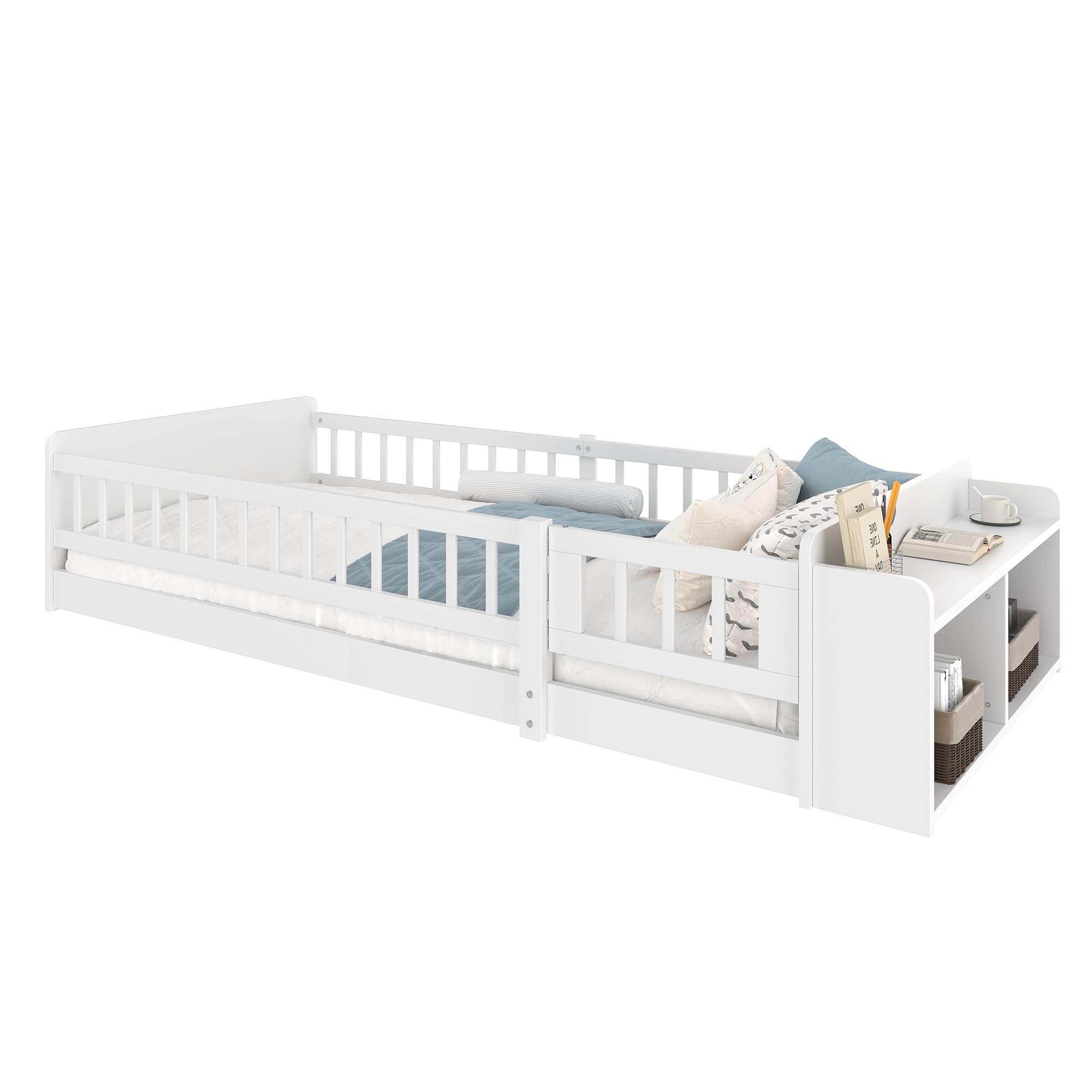 Kinderbett 90 x 200, Kinderbettgestell aus Massivholz mit Stauraum, Vollschutzgitter und Türen und Lattenrost, Holzbett mit Einlegeböden, Rausfallschutz, Kinder Bett, Hausbett, Ohne Matratze, Weiß