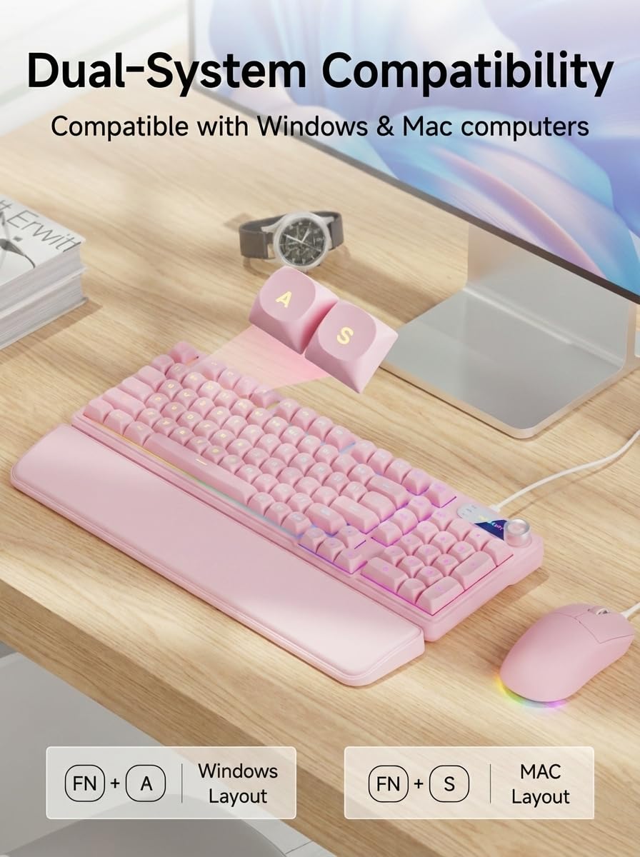 EWEADN C98 Przewodowa klawiatura i mysz, przewodowa, ergonomiczna klawiatura komputerowa z nadgarstkiem, podwójne nasadki klawiszy, ciche podświetlenie RGB, cicha klawiatura do Windows/MAC/PC, różowa