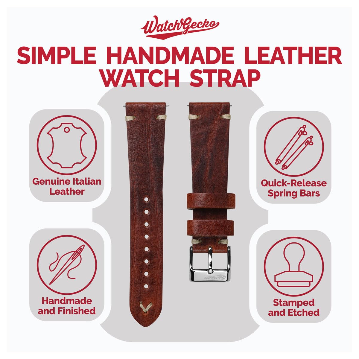 WatchGecko Einfaches, handgefertigtes Lederarmband | Zertifiziertes Ersatzarmband aus echtem italienischem Leder, Vintage-Stil, doppelte Naht, einfach anzubringen