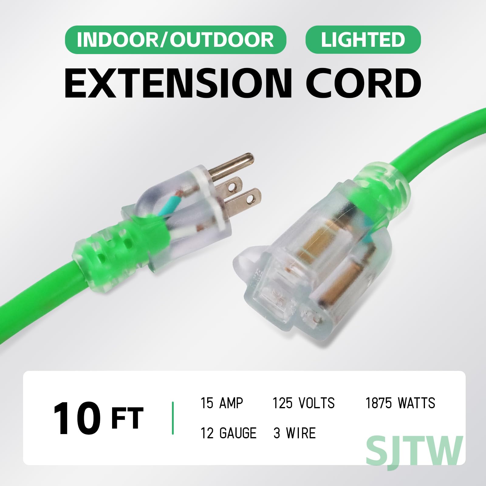 EP Cable de extensión iluminado para exteriores de 10 pies, 12/3 SJTW cable de extensión verde resistente con enchufe de 3 clavijas, cable de alimentación para césped, jardín, electrodomésticos