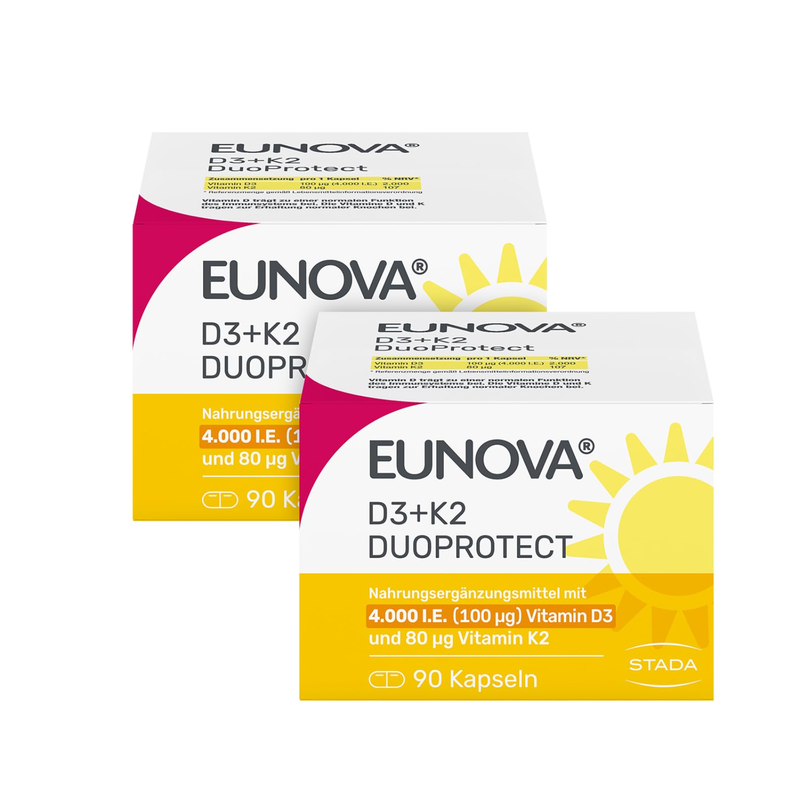 EUNOVA D3+K2 DuoProtect 4000 I.E., hochdosiertes Vitamin D3 & K2, 2x 90 St.