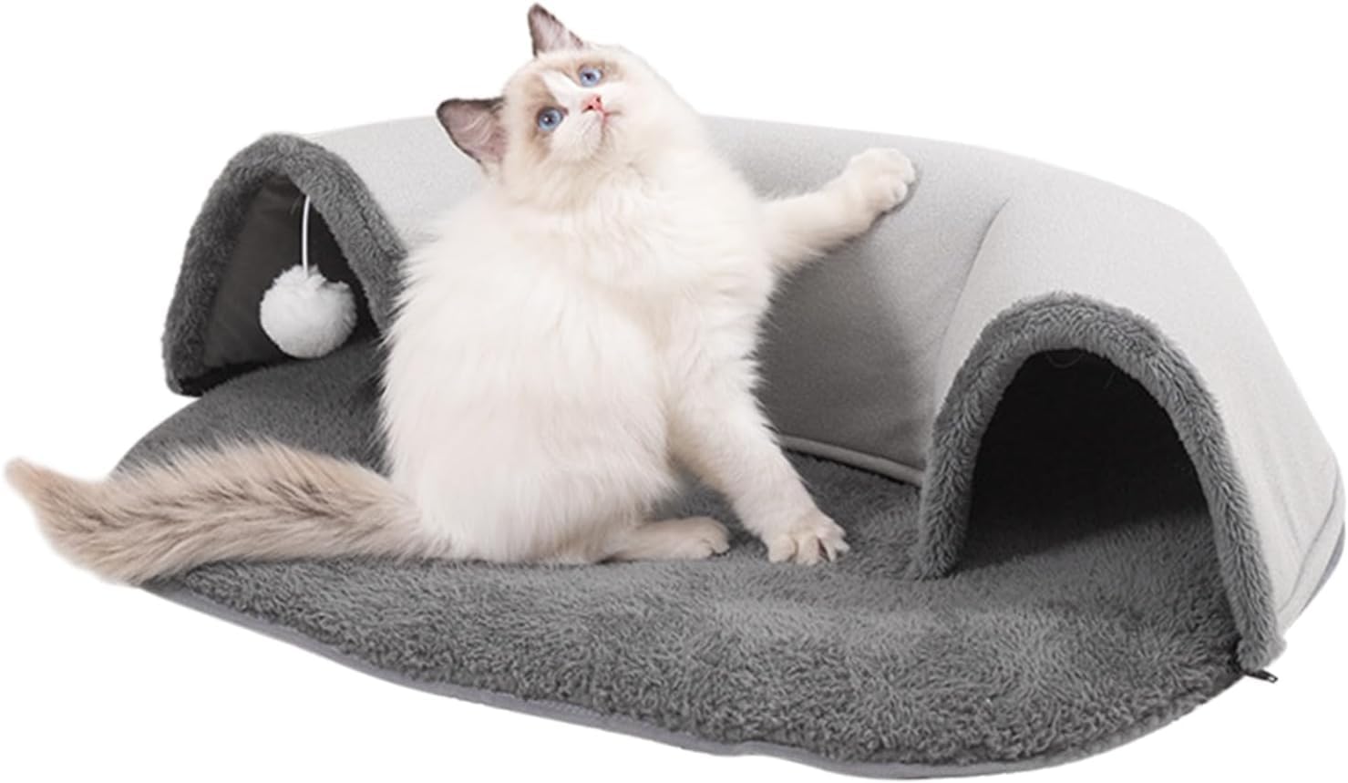Legowisko-tunel dla kota, przestronny domek dla kota z białą pluszową kulką, interaktywne interaktywne tunele dla kota, które można prać, samonagrzewające się legowisko dla kota, miękkie, ciepłe legow