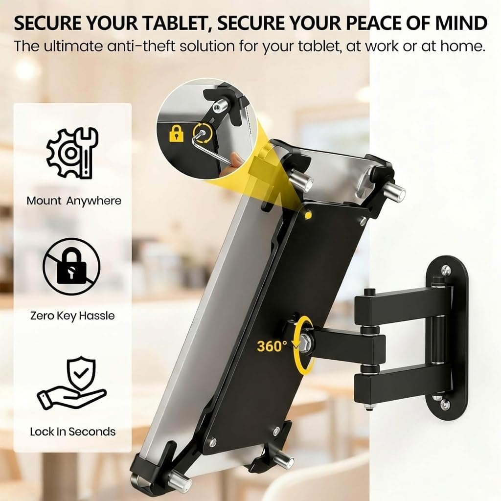 360° Rotatable Anti-Theft Tablet Wall Mount, Aluminum Lock Holder Fits 9.7-13 Inch Tablets, Includes Fixed Base & Articulating Extendable Arm for Office & Retail, Black image 2