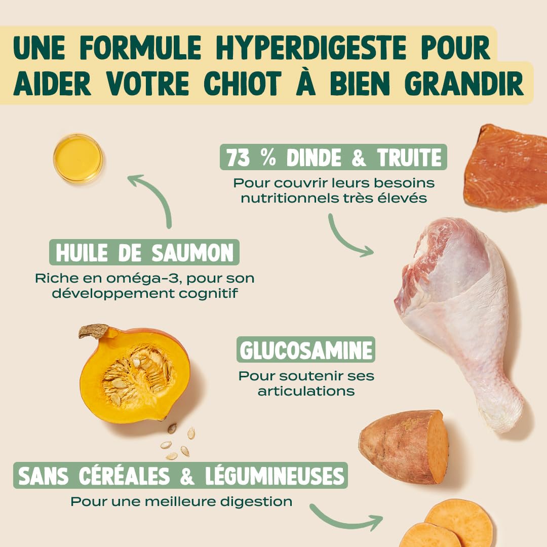 FRANKLIN – Croquette pour Chiot – 73% de Dinde et Truite – 6 kg | Sans Légumineuses et Sans Céréales – Riche en protéine – Digestion Facile – Croissance Optimale - Taille 13mm