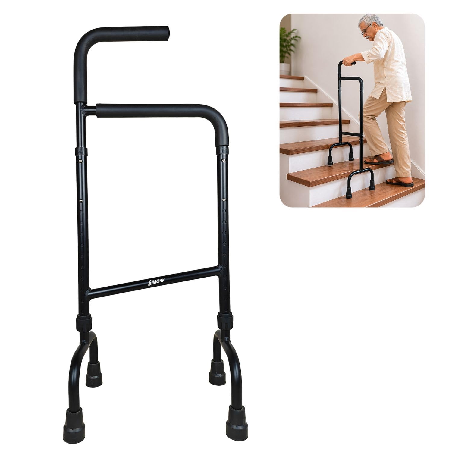 Simon’s Stairs Assist Walker | Light-weight Aluminum material with Quad legs| Upstairs & Downstairs Support for Elderly and limited mobility patients on Steps | Standing support in Toilet, Indoors & Outdoors | Height Adjustable-image-46