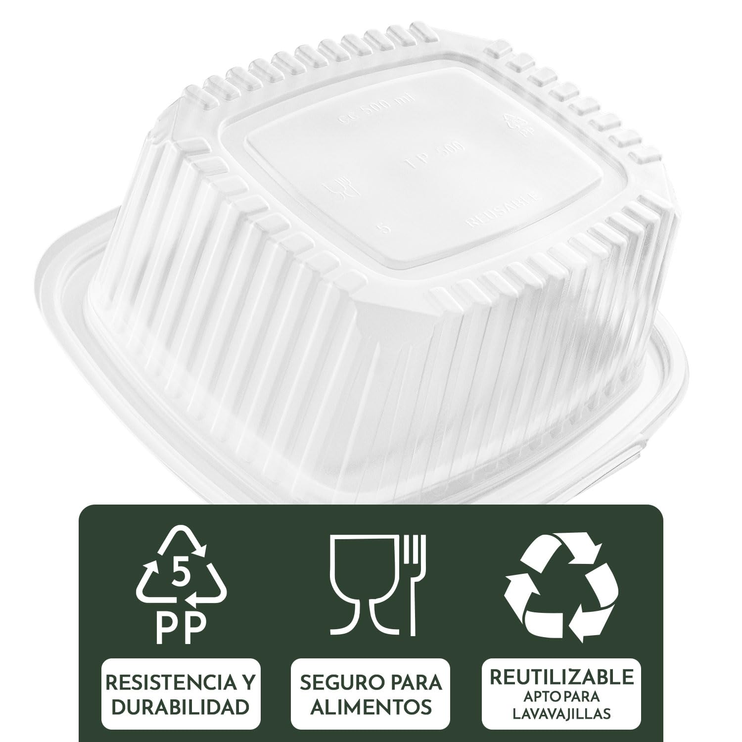600 Envases de PP Herméticos con Tapa Bisagra de 500 ml | Caja de 600 Envases de 500 ml | Para Platos Individuales, Pasta y Ensaladas | PP | Microondas y Congelador