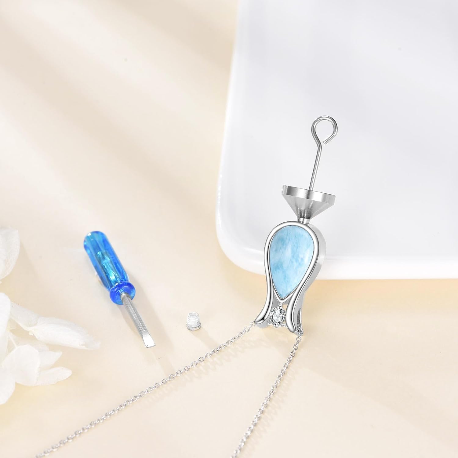 Larimar Urn Necklace for Ashes Sterling Silver Urn Necklace Cremation Jewelry Gift for Women