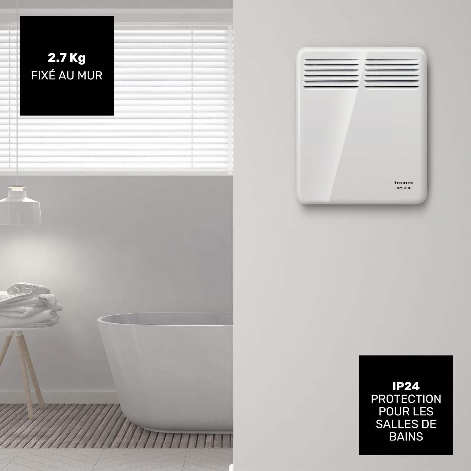 Taurus CHTA 500 - Convecteur électrique 500W, IP24 pour une utilisation en salle de bain, Support mural, Écran numérique, Programmable, Sécurité anti-chauffe, Capteur "Fenêtre ouverte", Blanc