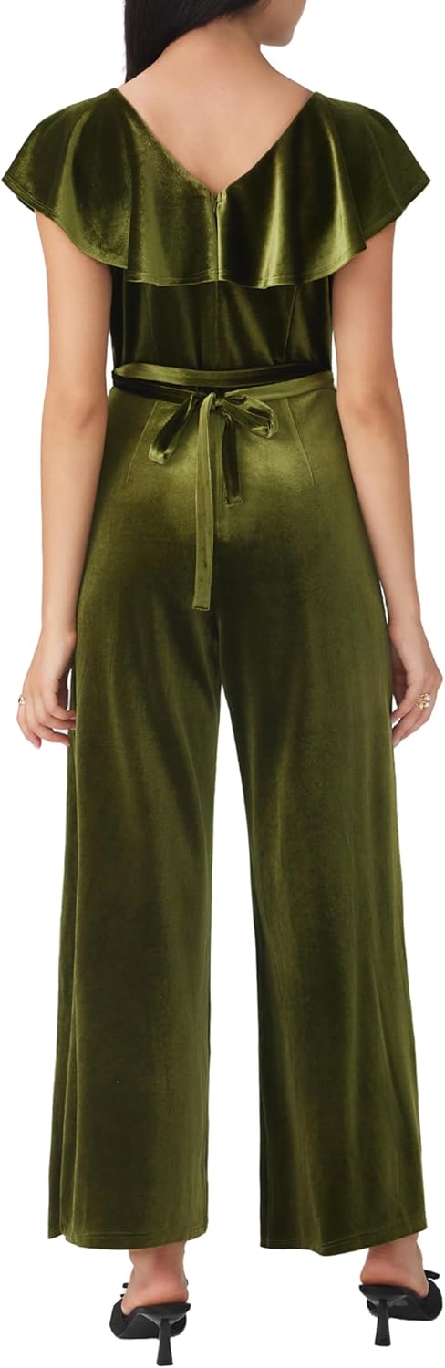 CIDER Cap Sleeve Velvet Jumpsuits for Women V Neck Wide Leg Long Pants Dressy Rompers Tie Waist Fall Overalls - Image 3