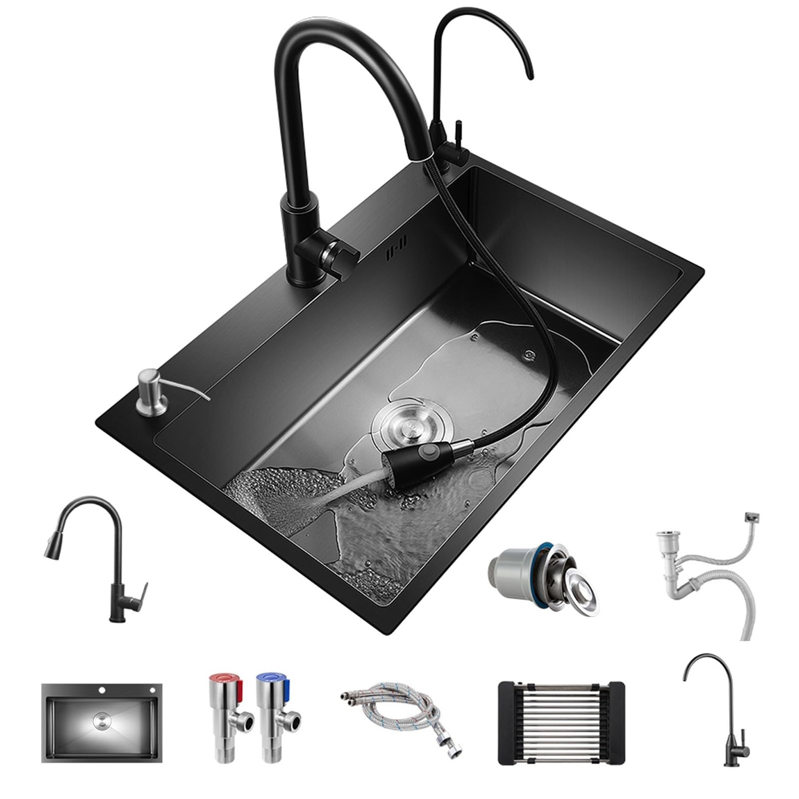 Évier de cuisine à cuve unique JATIBOSH en acier inoxydable noir 75x45 cm avec accessoires