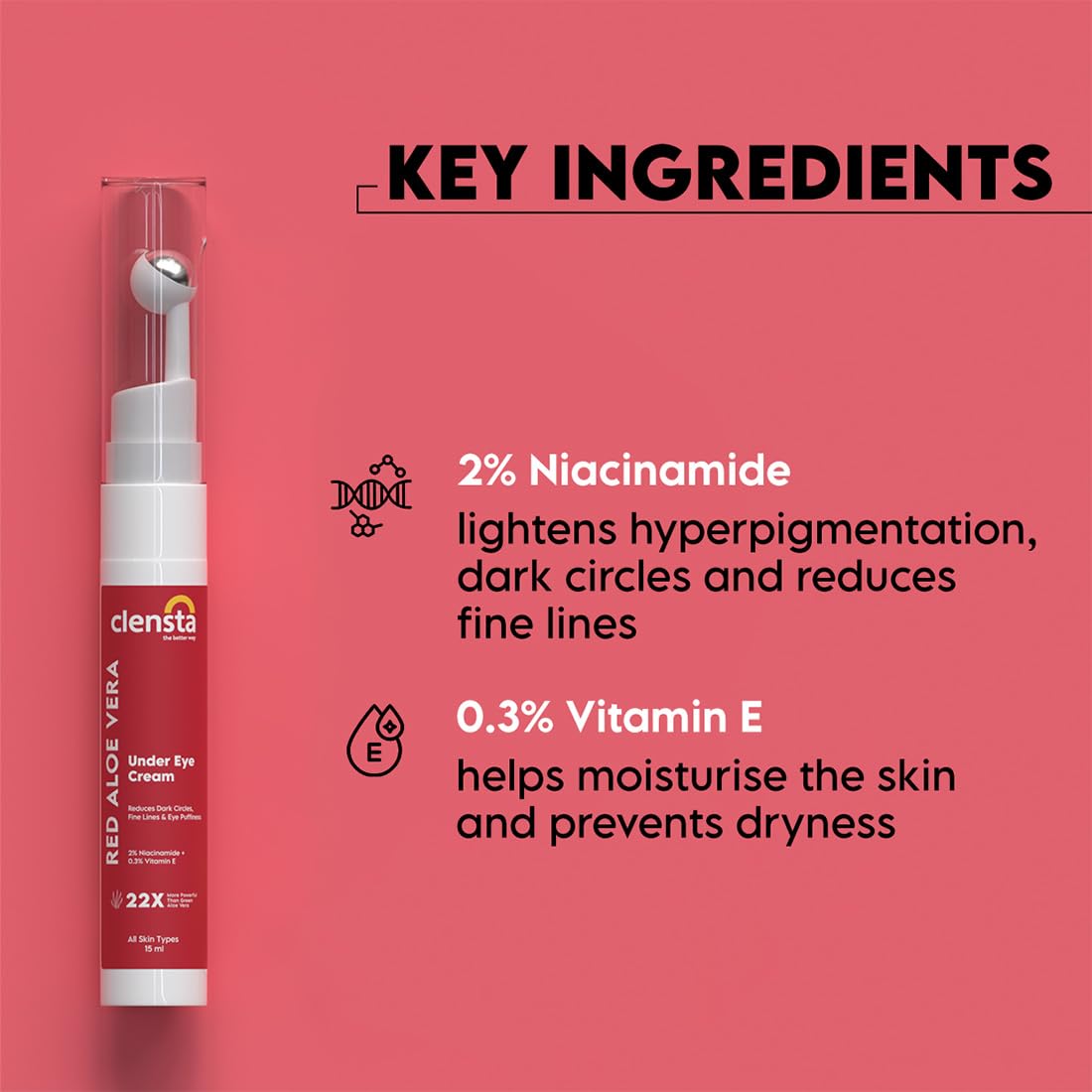 Clensta Red Aloe Vera Under Eye Cream With Niacinamide & Vitamin E | Reduces Dark Circles, Fine Lines & Eye Puffiness | For Men & Women - 15ml (Pack of 2) 2