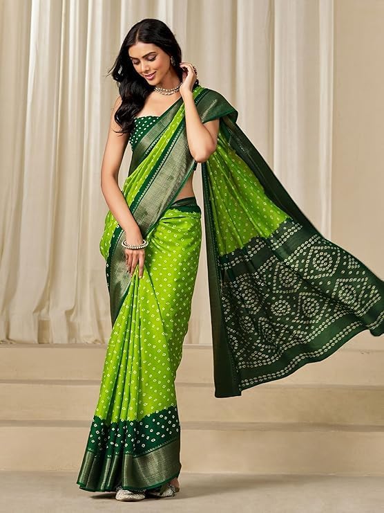 Ethnic/Junction Women's Dola Silk Bandhani Print Zari border Saree with Blouse Piece