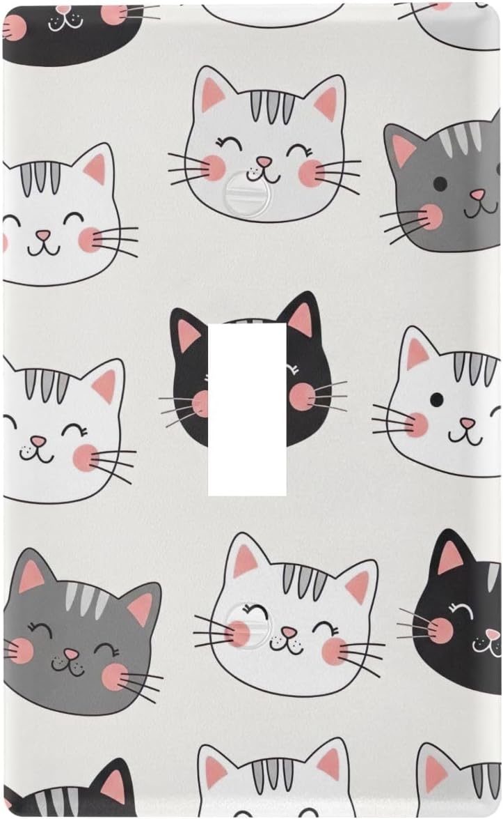 Cute Cat Faces White Light Switch Plate, PC Kitchen Outlet Covers, Standard Size 4.53 x 2.76 Inches