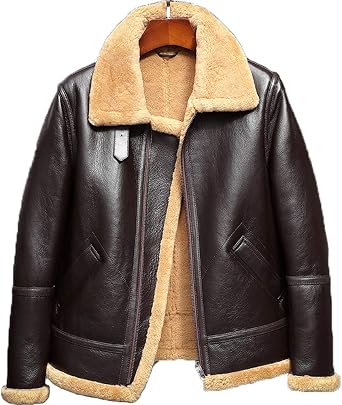 Denny&Dora Mens Sheepskin Shearling Jacket B3 Flight Jacket Aviator Winter Coat Fur Bomber Leather Jacket Brown
