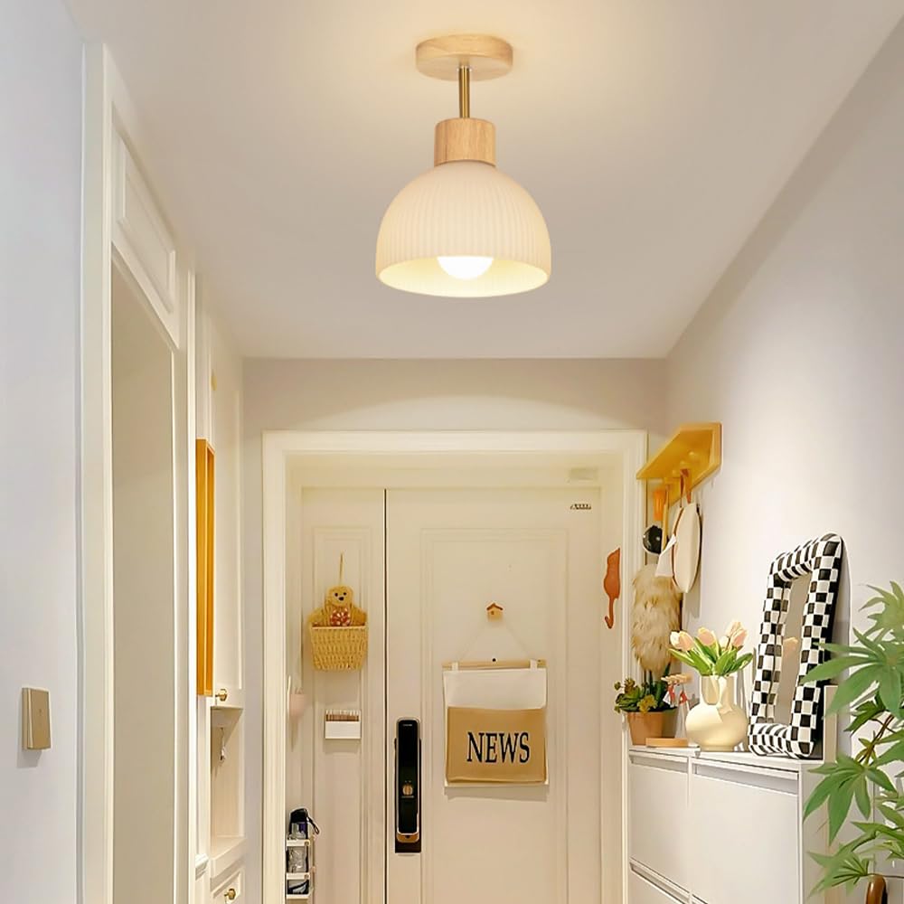 Nordic Wood Ceiling Light, Półpłaska Sufitowa, Drewniana Sufitowa Do Korytarza, Japońska Szklana Sufitowa, Mała Sufitowa Do Przedpokoju/Kolor Drewna
