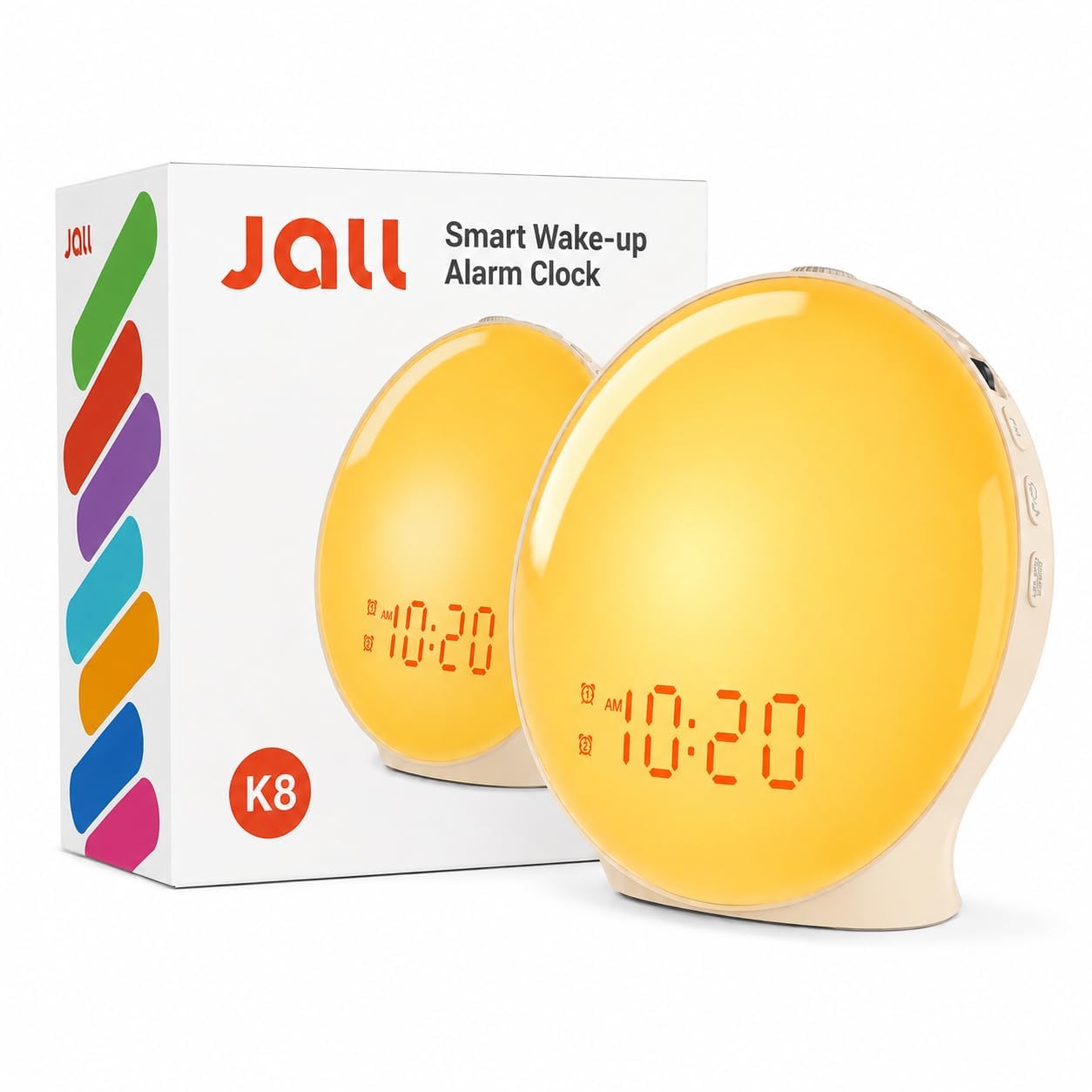 JALL Réveil lumineux plein écran pour chambre à coucher, machine à bruit blanc pour les dormeurs lourds, 25 sons naturels, double alarme, radio FM, 17 couleurs à intensité variable, haut-parleur