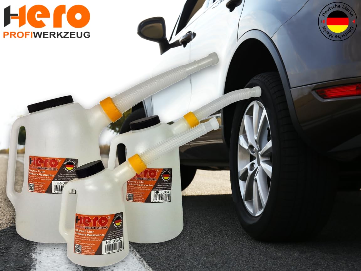 HERO Ölkannen Füllkanne Messkanne SET 1L + 3L + 5L Messbecher mit flexiblem Ausgussstutzen und Deckel Wasser Kanne Auto Ölwechsel Kfz
