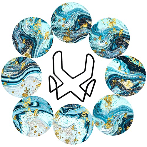 Memeyou Funny Marble Coasters Set Drinks Ocean Cute Round Absorbent Ceramic Stone Holder Colorful Heavy Cork Base Coffee Wooden Table Desk Protection Housewarming Gifts Teal Gold #TOP1