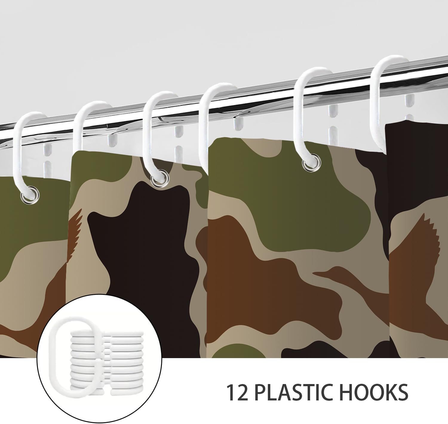 Duck Camo Hunter Green Shower Curtain, Woodland Hunting Boys Teens Shower Curtains Set, Rustic Wild Animal Kids Polyester Fabric Shower Curtains for Bathroom with Hooks 72X84IN Black Brown