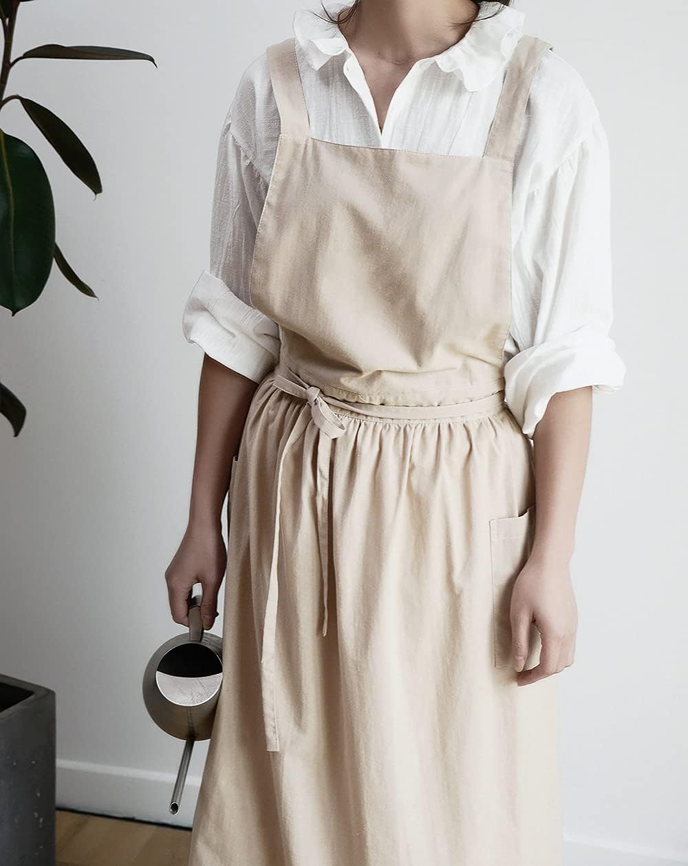 VLZUFE Women Cotton Linen Cross Back Apron with Pockets for Gardening Works Pinafore Dress - Image 3