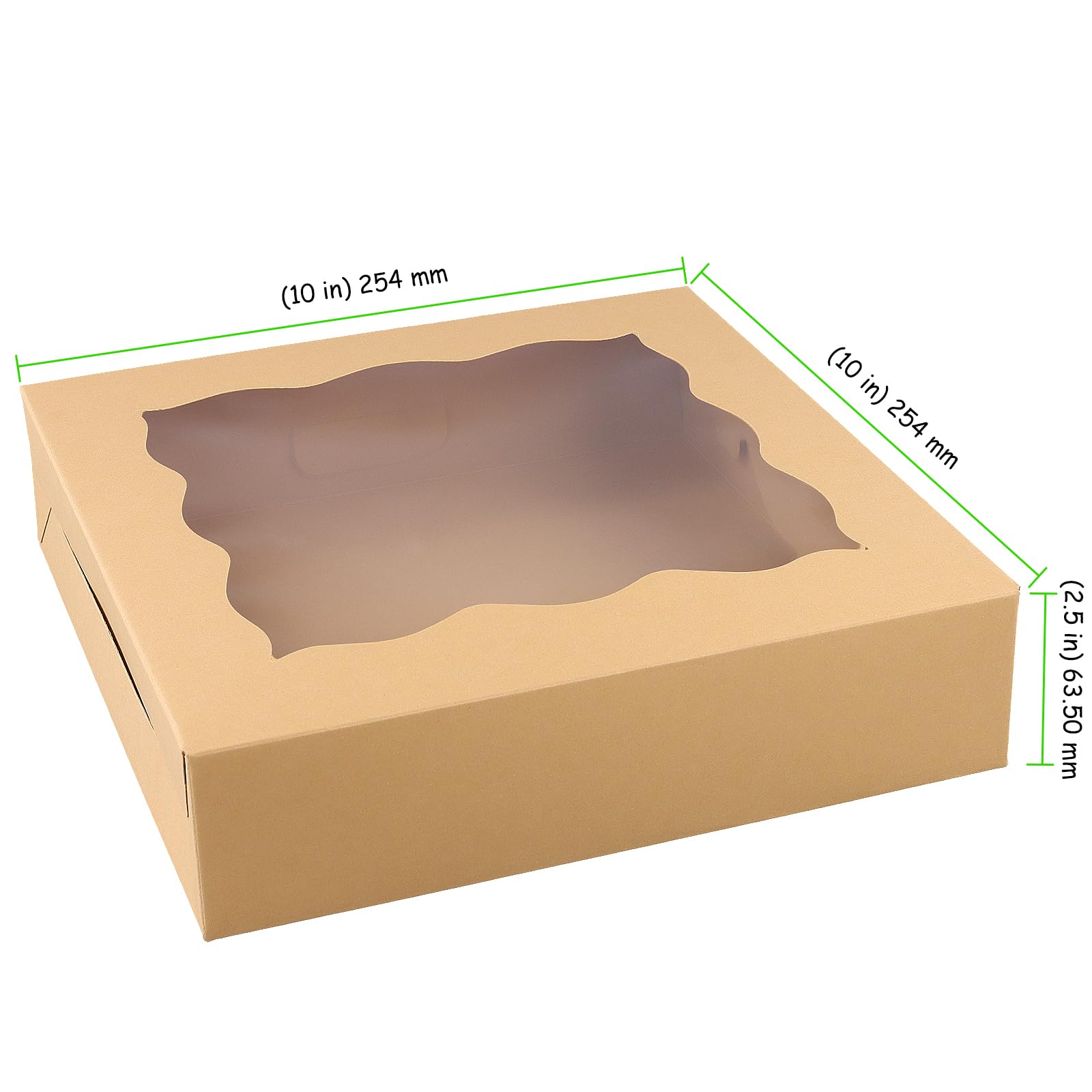 Paquete de 50 cajas cuadradas de papel kraft para panadería de 10 x 10 x 2.5 pulgadas con ventana transparente, cajas grandes para tartas, cajas planas marrones para pasteles