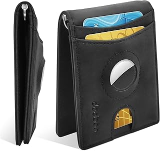 AirTag Wallet Holder, Wallet for Men Genuine Leather Credit Card Bifold Wallet with Money Clip, Minimalist RFID Slim Front Pocket Wallet, Airtags Accessories for Men Women Father's Day Gift