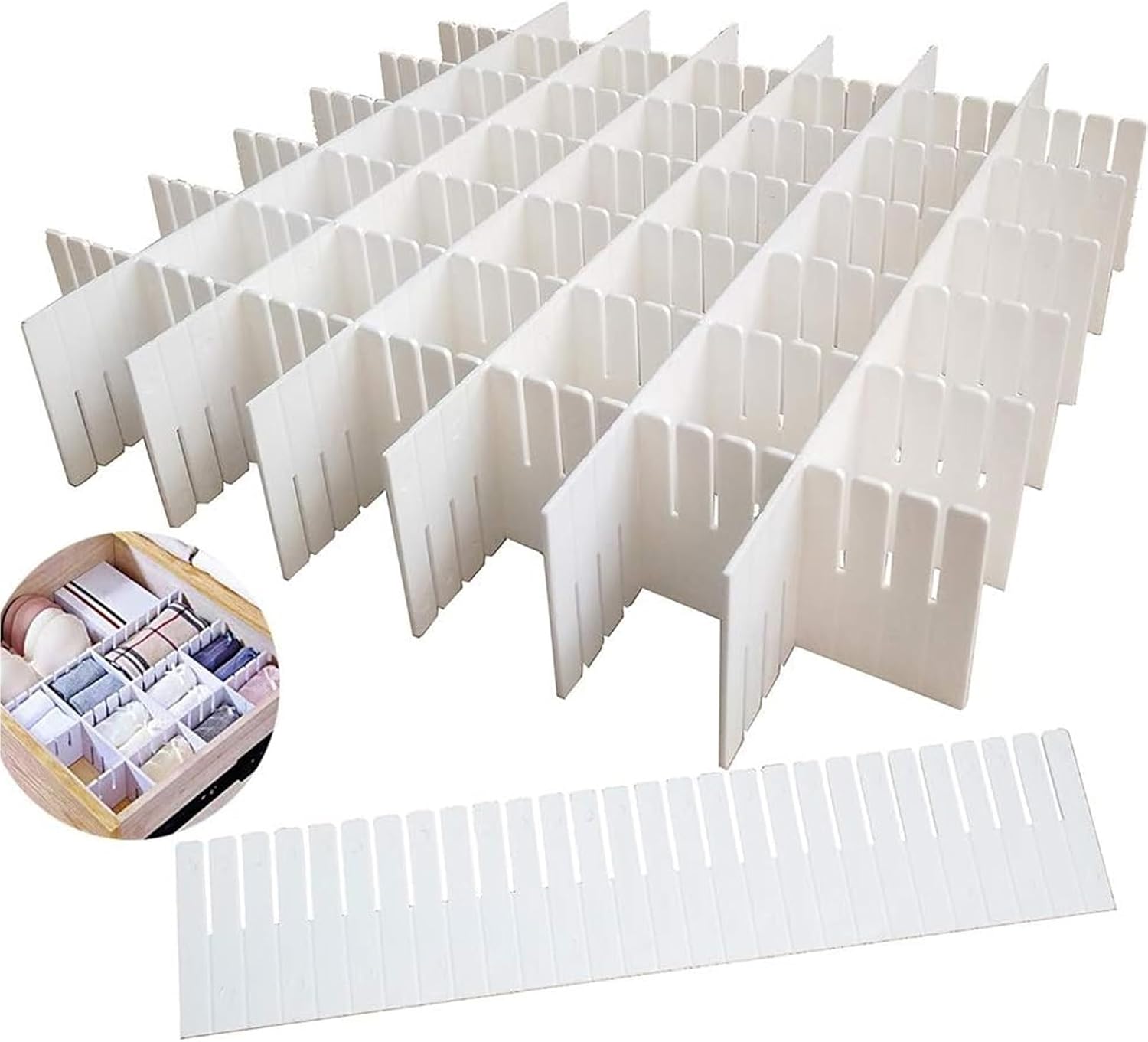 Adjustable Dresser Drawer Separator Organizer for Socks Underwear Makeup Kitchen Gadgets and Stationary Storage Solutions(White-20PCS)