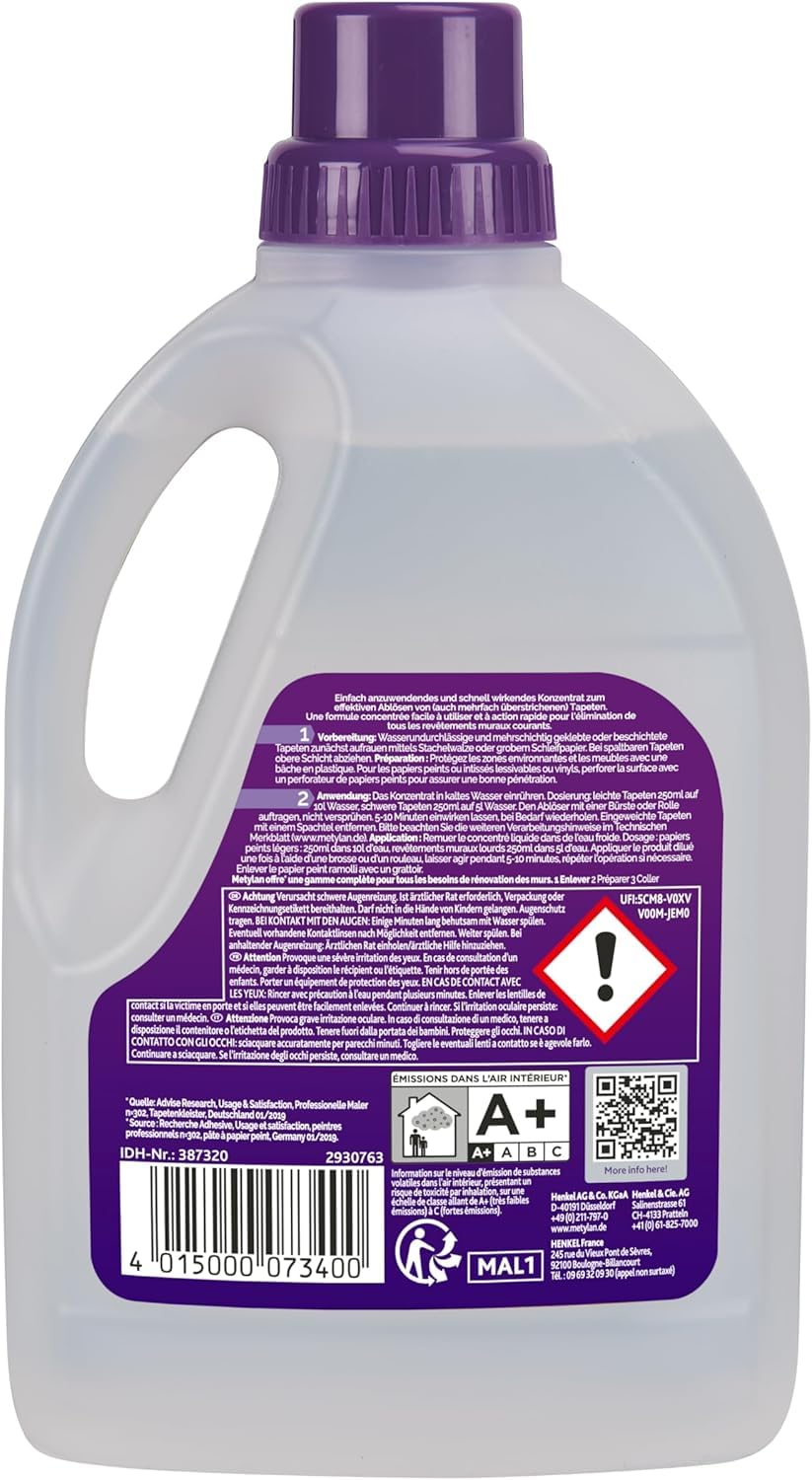 Metylan Tapetenablöser Tapetenlöser mit Aktiv-Wirkstoff löst schnell und problemlos alle Tapeten & Raufasertapeten, leicht dosierbarer Tapetenentferner, 8x1l