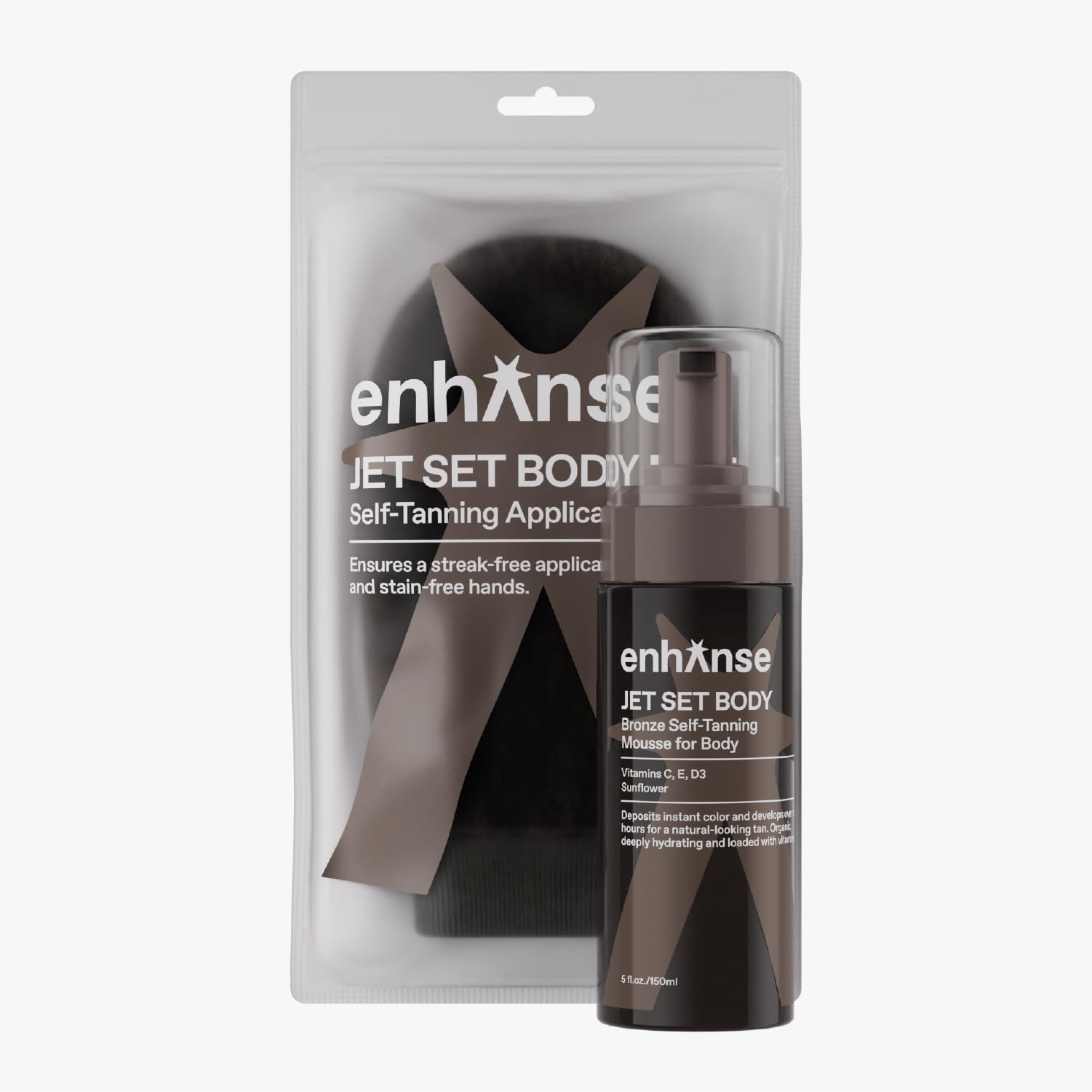 Jet Set Body Express Self Tanner Mousse & Tanning Mitt for Men, Hydrating Self Tan, Vitamin C E D3, Perfect Vacation Prep, Develops in 1-3 Hours, Anti Orange Streak Free Tanning, 5 Fl Oz