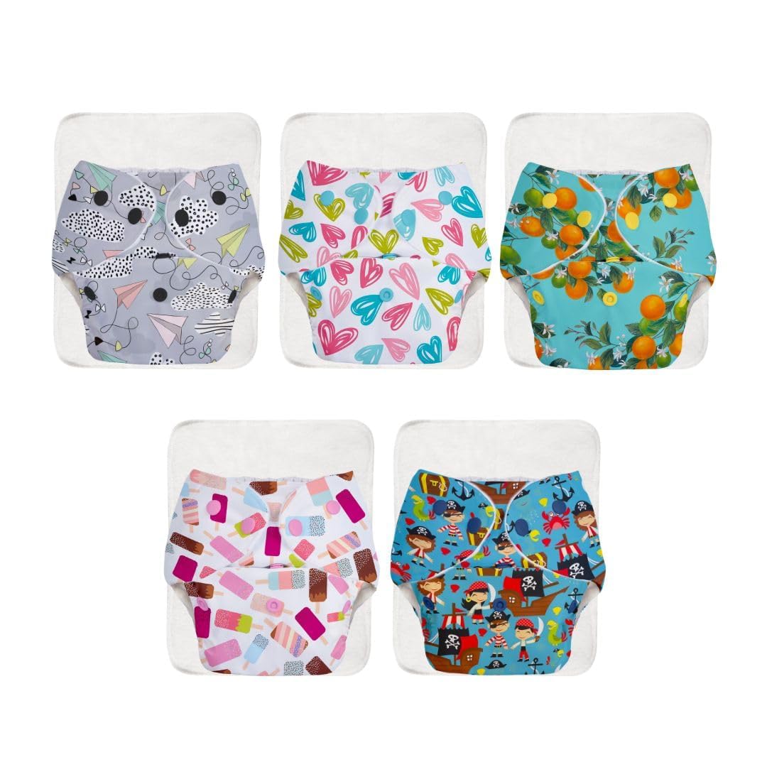 SuperBottoms BASIC Pack of 5 Freesize Adjustable, Washable and Reusable Cloth Diaper for babies 0-3 Years | One Size Adjustable Diapers (Pack of 5 diapers+ 5 inserts) Assorted prints-image-23