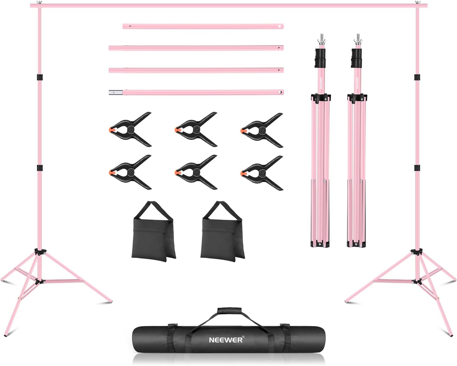 (incomplete)Neewer Photo Studio Backdrop Support System, 10ft/3m Wide 6.6ft/2m High Adjustable Background Stand with 4 Crossbars, 6 Backdrop Clamps, 2 Sandbags, and Bag for Portrait & Studio Photography-Pink 