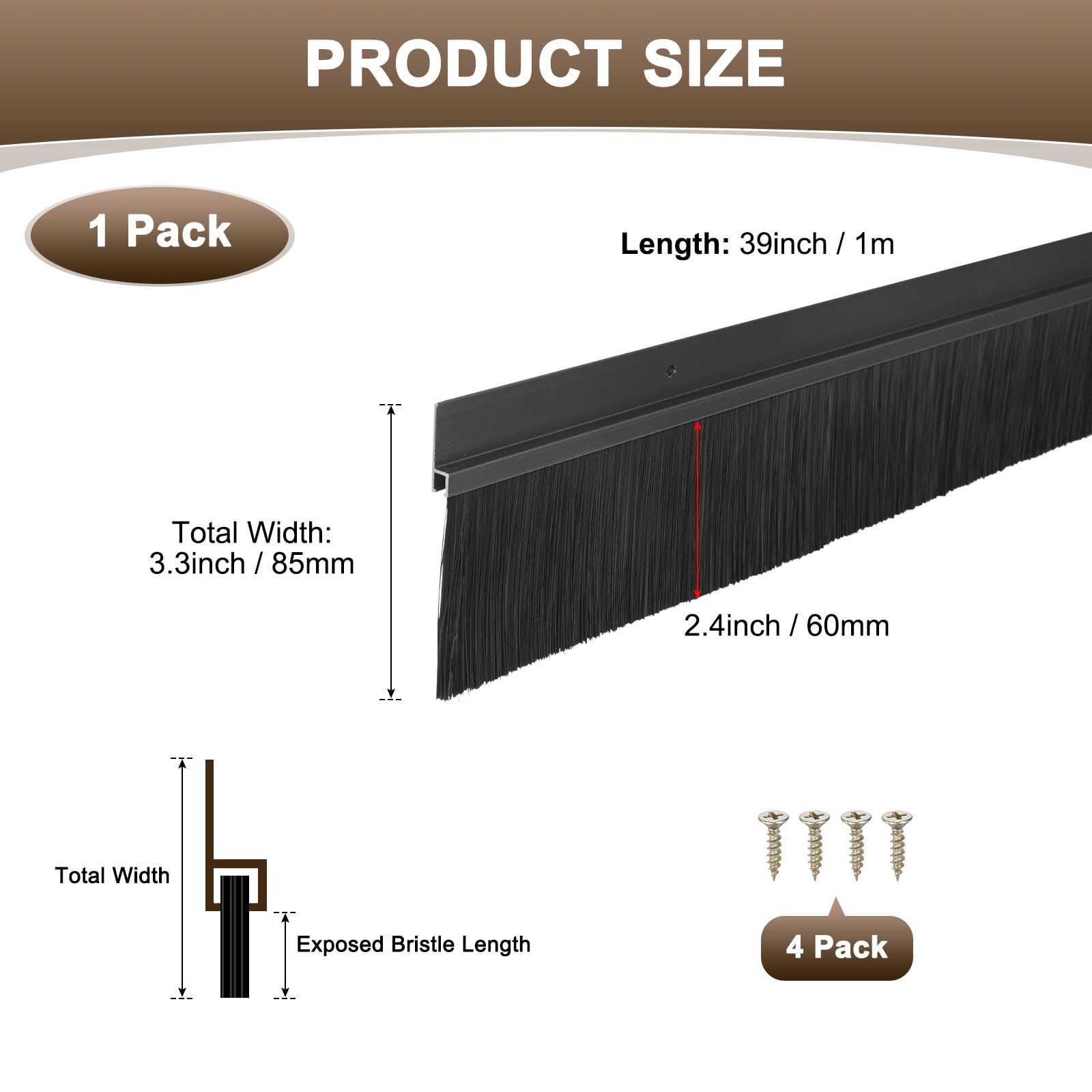 M METERXITY Cepillo Para Puerta Barrido Inferior 39" L X 3.3" W Base De Aleación De Aluminio En Forma De H Con Cerdas De Nylon De 2.4" Para Sellado De Puertas [Negro]
